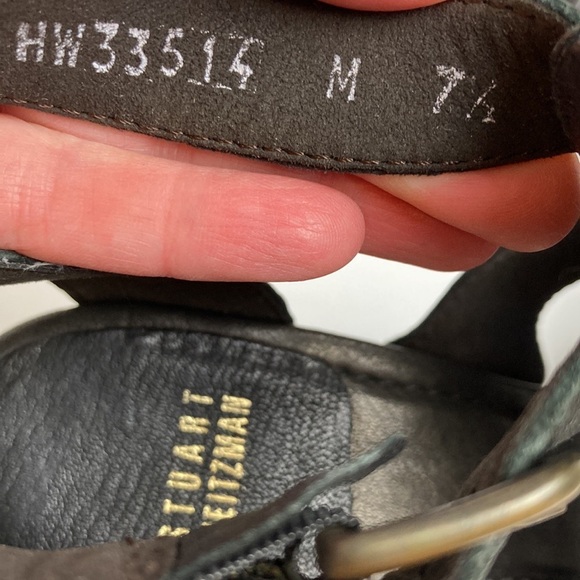 Stuart Weitzman T-Straps Black Leather Wood Heels Studded Sandals SZ 7.5 Party - Picture 14 of 16